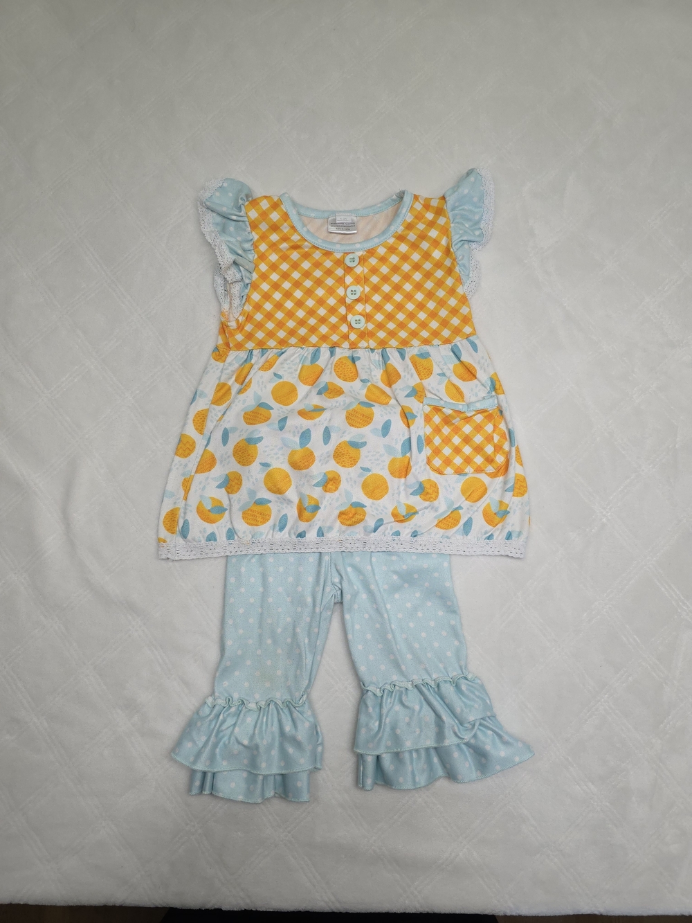 Girls Yellow Gingham & Light Blue Polka Dot Matching Set